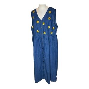 Vintage Jane Ashley Denim Dress Embroidered Floral Button Front 1X